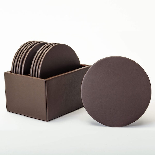 Chocolate Brown Leather 10 Round Coaster Set With Holder